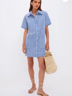 Pomander Place Blue and White Patterned Button Shirt dress